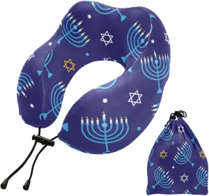 Eionryn Blue Stars Menorah Candles Travel Pillow Memory Foam Neck Pillow with Travel Bag Soft for Headrest Sleep Airplane Car Travel Home,Office
