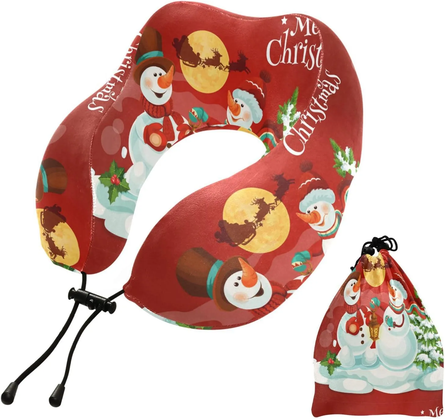 Eionryn Christmas Snowman Santa Sleigh Travel Pillow Winter Snowflakes Xmas Candle Holly Berry Memory Foam Neck Pillow with Travel Bag Soft for Headrest Sleep Airplane Car Travel Home,Office