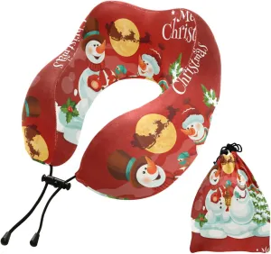 Eionryn Christmas Snowman Santa Sleigh Travel Pillow Winter Snowflakes Xmas Candle Holly Berry Memory Foam Neck Pillow with Travel Bag Soft for Headrest Sleep Airplane Car Travel Home,Office