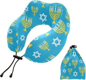 Eionryn Green Menorah Gold Candles Travel Pillow Memory Foam Neck Pillow with Travel Bag Soft for Headrest Sleep Airplane Car Travel Home,Office
