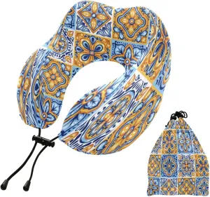 Eionryn Mexican Talavera Pottery Travel Pillow Boho Flowers Memory Foam Neck Pillow with Travel Bag Soft for Headrest Sleep Airplane Car Travel Home,Office