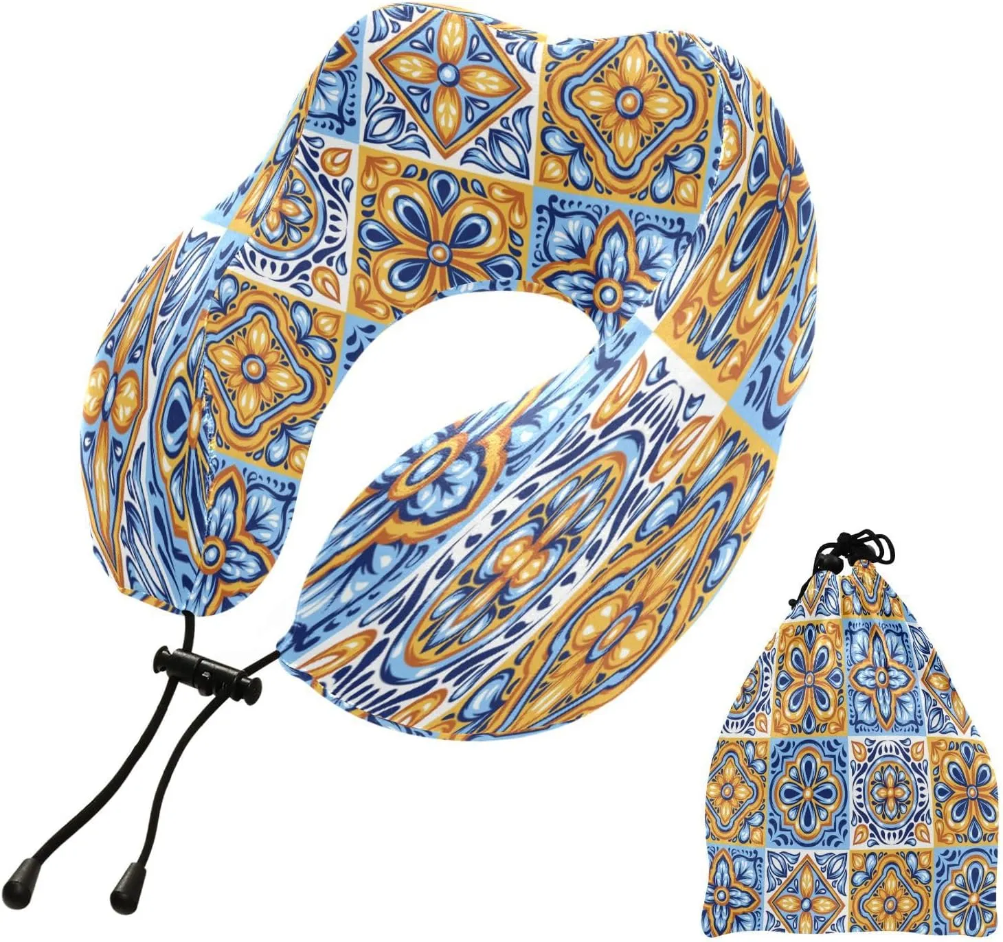 Eionryn Mexican Talavera Pottery Travel Pillow Boho Flowers Memory Foam Neck Pillow with Travel Bag Soft for Headrest Sleep Airplane Car Travel Home,Office