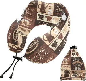 Eionryn Travel Pillow Coffee Topics Cafe Design Memory Foam Neck Pillow with Travel Bag Soft for Headrest Sleep Airplane Car Travel Home,Office
