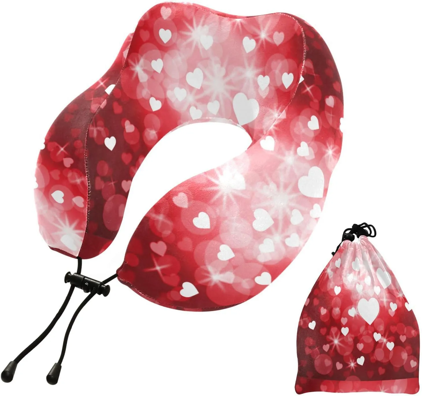 Eionryn Valentines Day Shining Heart Travel Pillow Romance Red Love Memory Foam Neck Pillow with Travel Bag Soft for Headrest Sleep Airplane Car Travel Home,Office