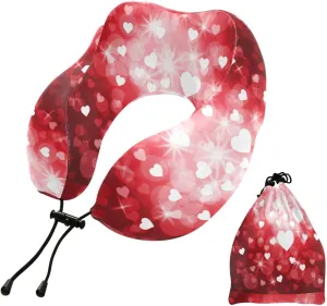 Eionryn Valentines Day Shining Heart Travel Pillow Romance Red Love Memory Foam Neck Pillow with Travel Bag Soft for Headrest Sleep Airplane Car Travel Home,Office