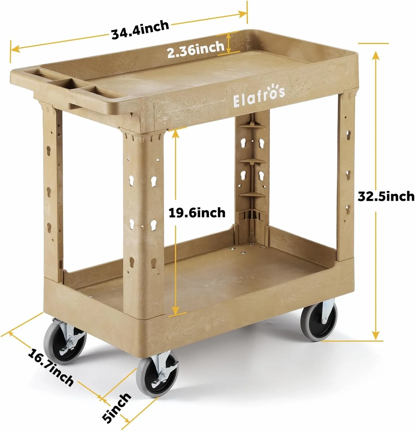 ELAFROS Heavy Duty Plastic Utility Cart 34 x 17 Inch - Work Cart Tub Storage W/Deep Shelves and Full Swivel Wheels Safely Holds up to 550 lbs - 2 Tier Service Cart for Warehouse,Garage, Cleaning,Sand