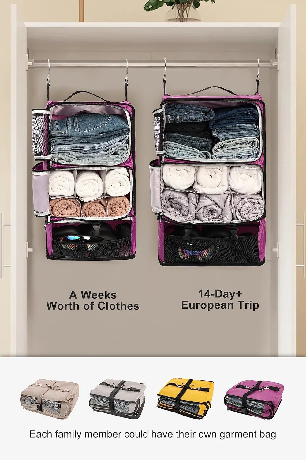 ELEZAY Hanging Packing Cubes Portable Closet 3-Shelf Travel Collapsible Compression Garment Organizer for Carry-on Luggage Suitcase Space Saver Bag XX-Large_No Side Pockets, Purple