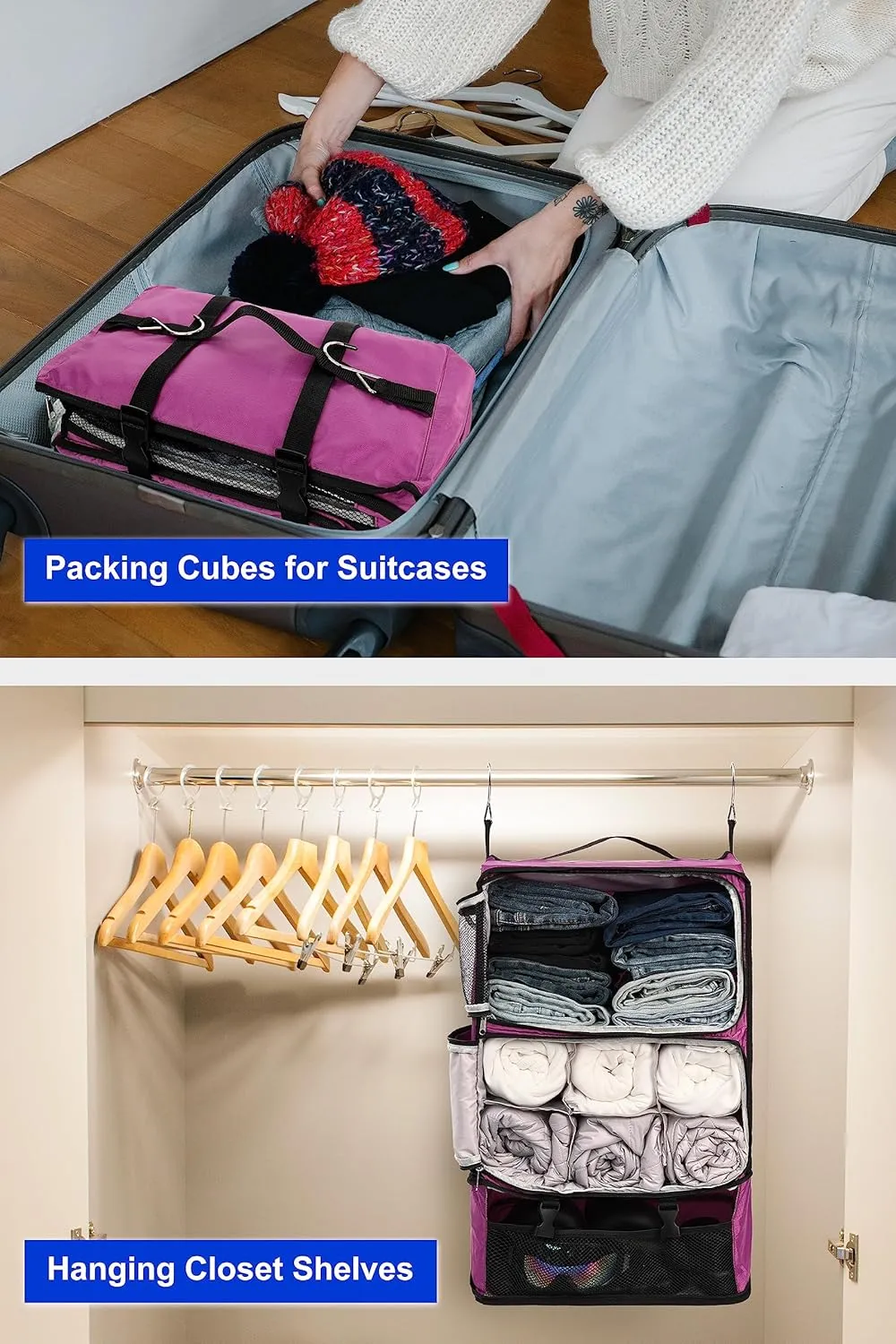 ELEZAY Hanging Packing Cubes Portable Closet 3-Shelf Travel Collapsible Compression Garment Organizer for Carry-on Luggage Suitcase Space Saver Bag XX-Large_No Side Pockets, Purple