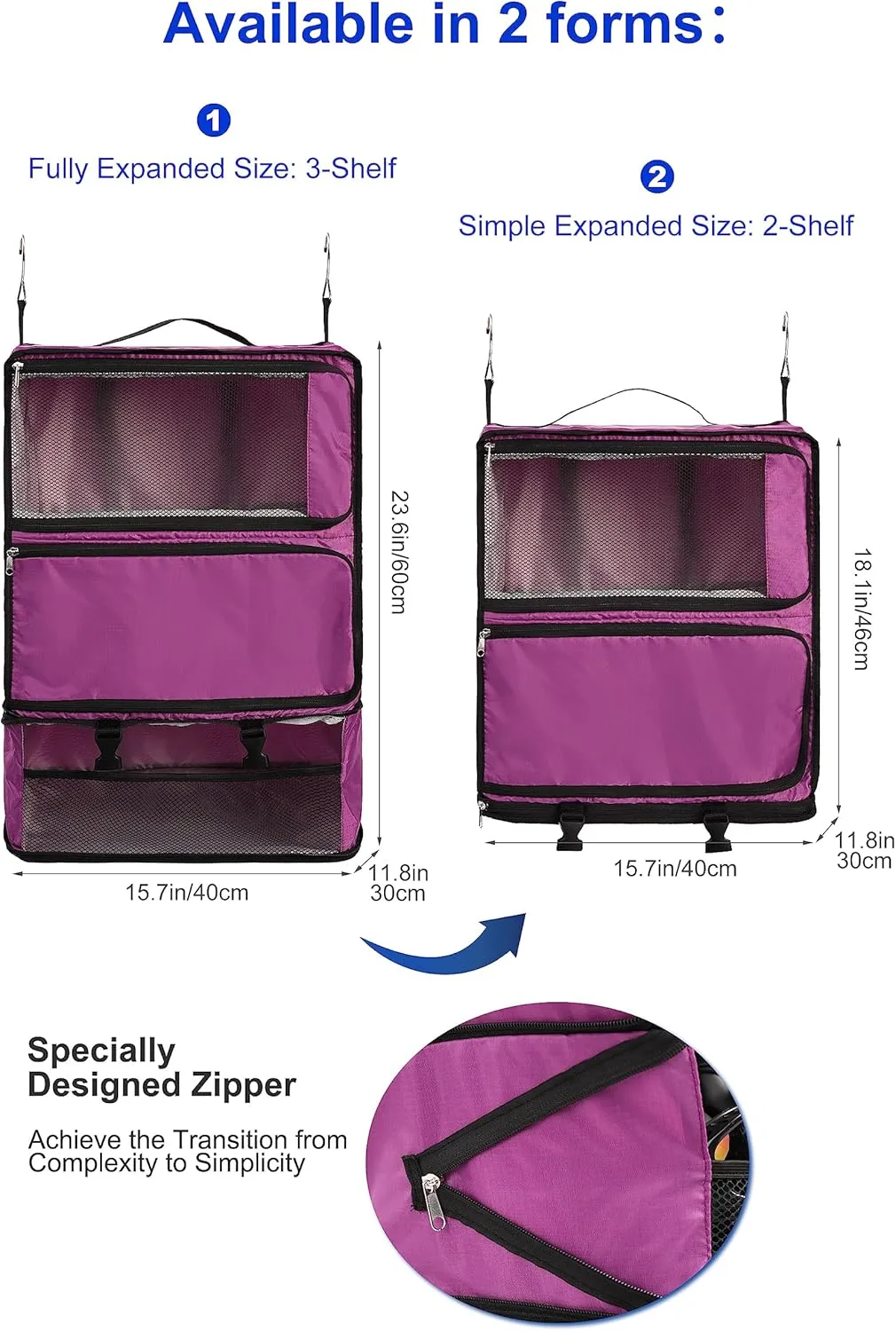 ELEZAY Hanging Packing Cubes Portable Closet 3-Shelf Travel Collapsible Compression Garment Organizer for Carry-on Luggage Suitcase Space Saver Bag XX-Large_No Side Pockets, Purple