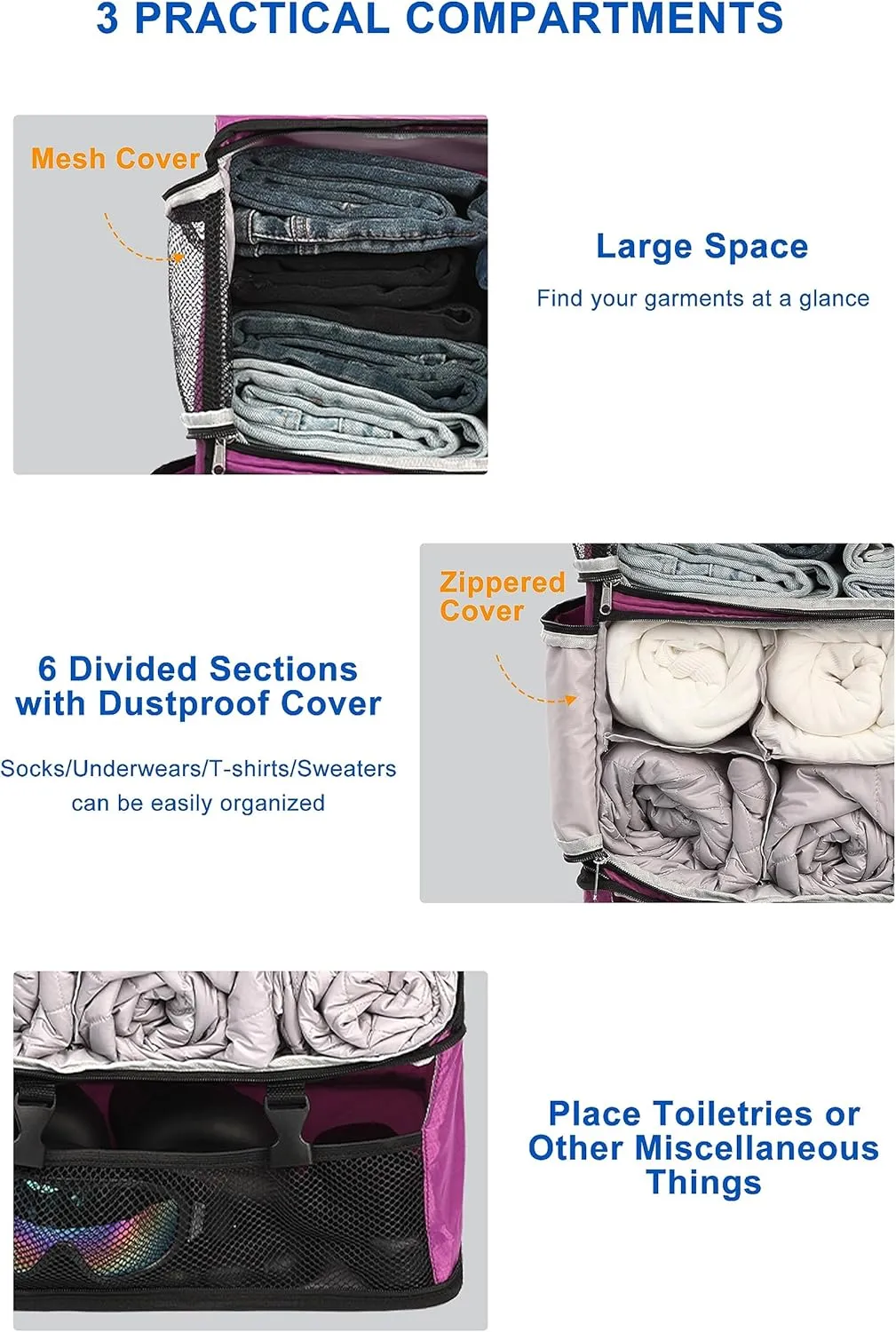 ELEZAY Hanging Packing Cubes Portable Closet 3-Shelf Travel Collapsible Compression Garment Organizer for Carry-on Luggage Suitcase Space Saver Bag XX-Large_No Side Pockets, Purple