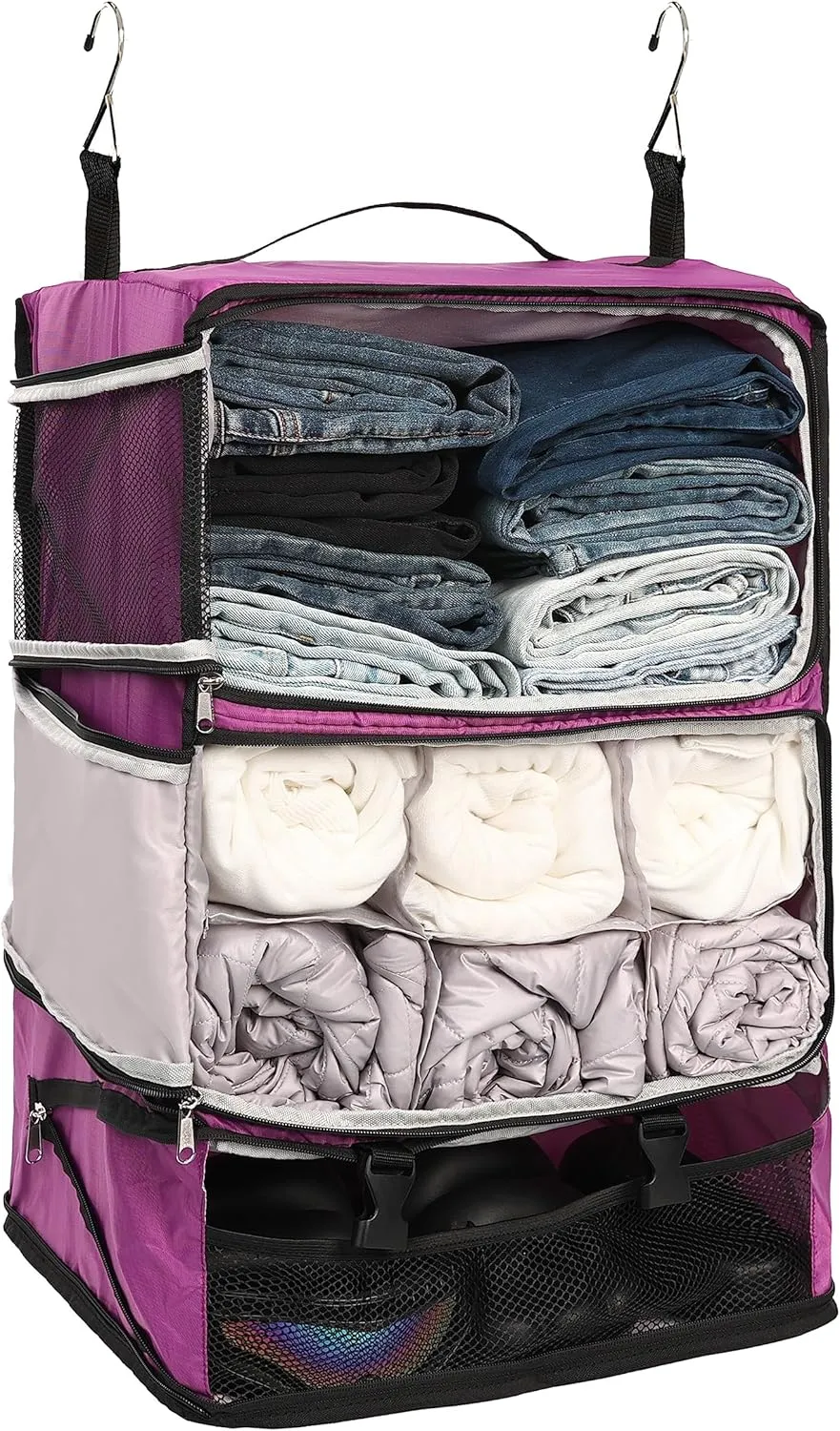 ELEZAY Hanging Packing Cubes Portable Closet 3-Shelf Travel Collapsible Compression Garment Organizer for Carry-on Luggage Suitcase Space Saver Bag XX-Large_No Side Pockets, Purple