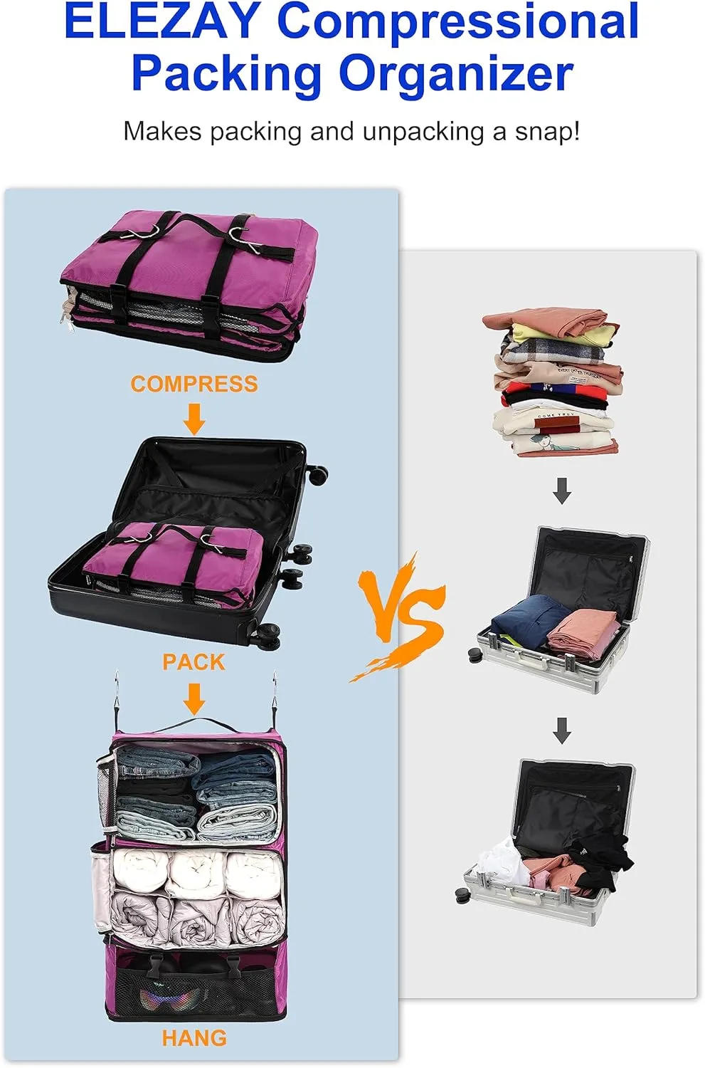 ELEZAY Hanging Packing Cubes Portable Closet 3-Shelf Travel Collapsible Compression Garment Organizer for Carry-on Luggage Suitcase Space Saver Bag XX-Large_No Side Pockets, Purple
