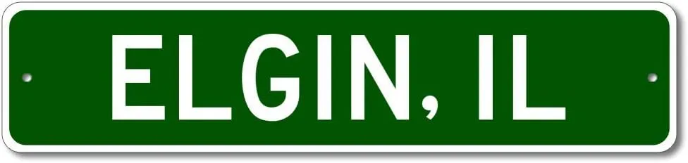 Elgin, Illinois - USA City and State Street Sign - Personalized Metal Street Sign, Man Cave Destination Sign, Perfect Idea, Pub Bar Wall Decor - 4x18 inches