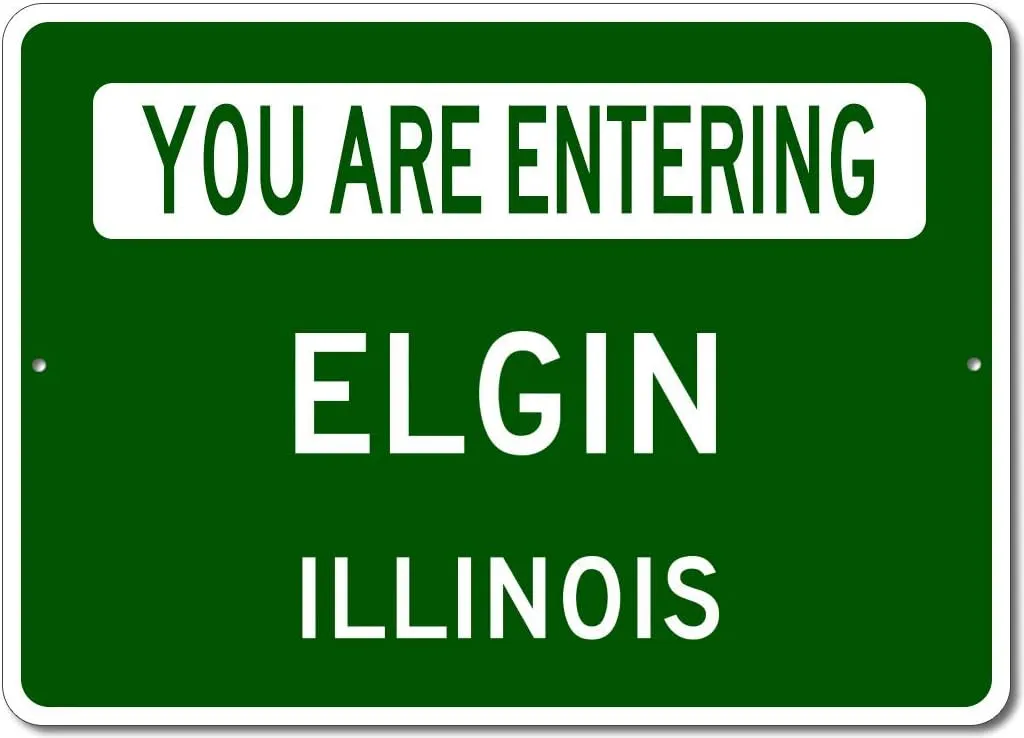 Elgin, Illinois - You are Entering US City Sign - Metal Novelty Sign for Home Decor, Personalized Sign, Man Cave Wall Decor, US City Street Sign - 10x14 inches
