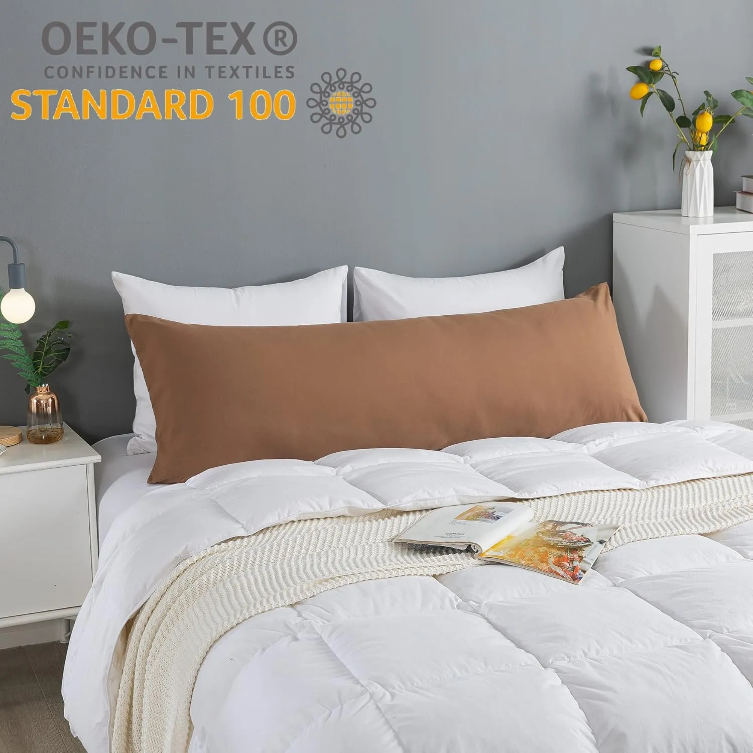 ELNIDO QUEEN Body Pillow with Pillowcase - Soft Long Bed Pillow for Adults - Breathable Full Body Pillow Insert for Sleeping, 20x54inches - Brown