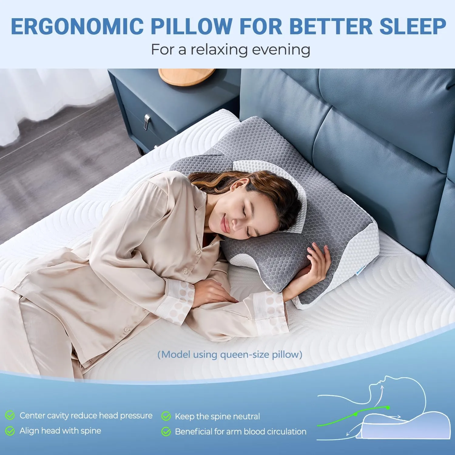 Elviros Cervical Memory Foam Pillows for Neck and Shoulder Pain, Ergonomic Orthopedic Sleeping Support Pillow for Side, Back and Stomach Sleepers, 21.2 x13 x 4.3 inch