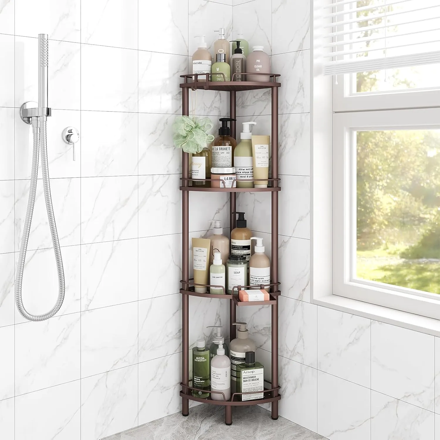 ELYKEN Corner Shower Caddy Standing, 4 Tier Rustproof Metal Shower Organizer with Soap Holder, Floor Shower Corner Shelf Rack Storage Stands with Adjustable Feet & 2 Hooks for Bathroom, Bronze