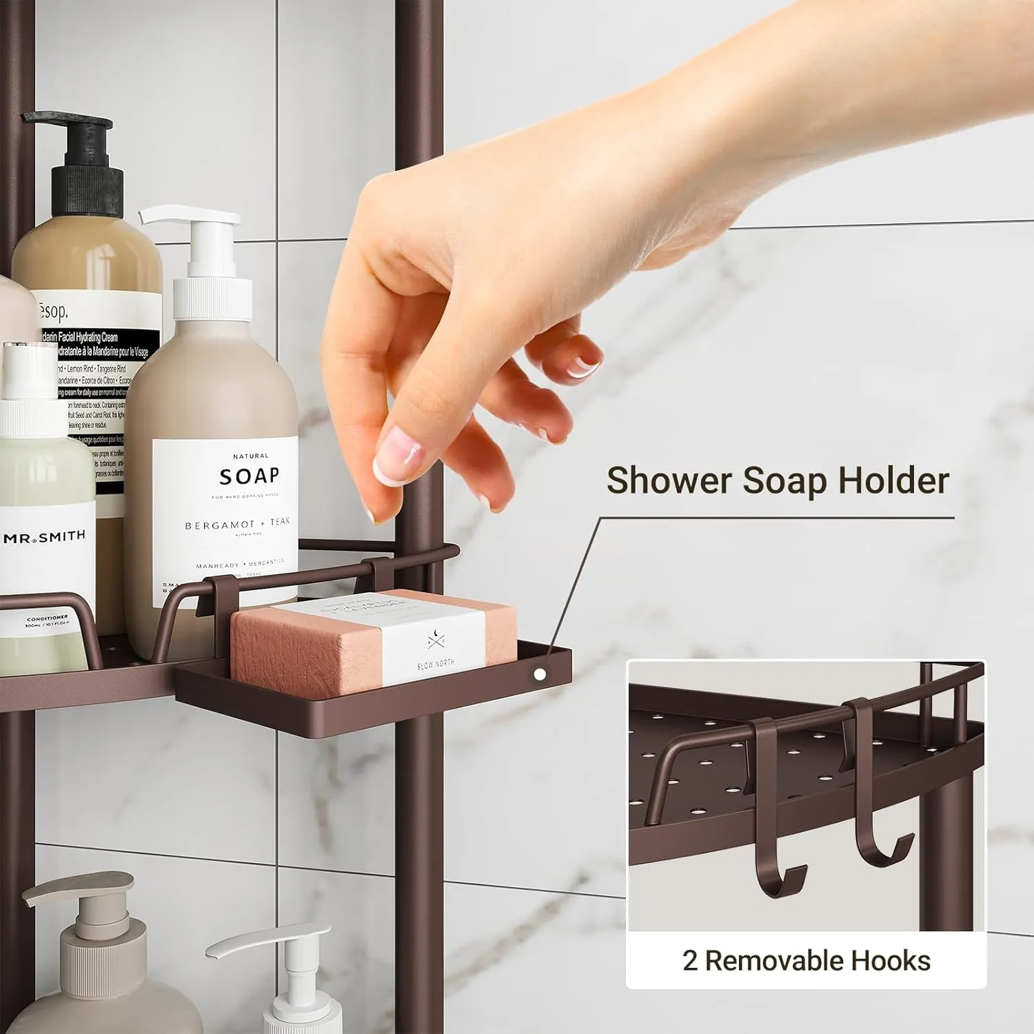 ELYKEN Corner Shower Caddy Standing, 4 Tier Rustproof Metal Shower Organizer with Soap Holder, Floor Shower Corner Shelf Rack Storage Stands with Adjustable Feet & 2 Hooks for Bathroom, Bronze