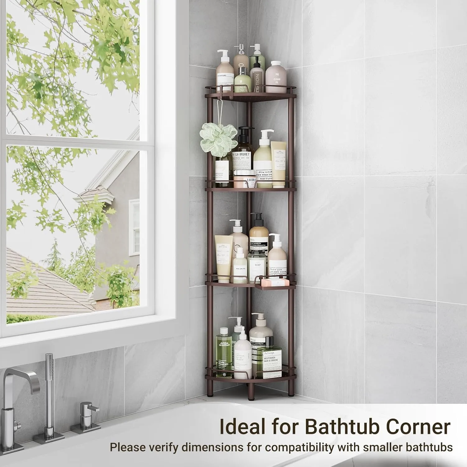 ELYKEN Corner Shower Caddy Standing, 4 Tier Rustproof Metal Shower Organizer with Soap Holder, Floor Shower Corner Shelf Rack Storage Stands with Adjustable Feet & 2 Hooks for Bathroom, Bronze