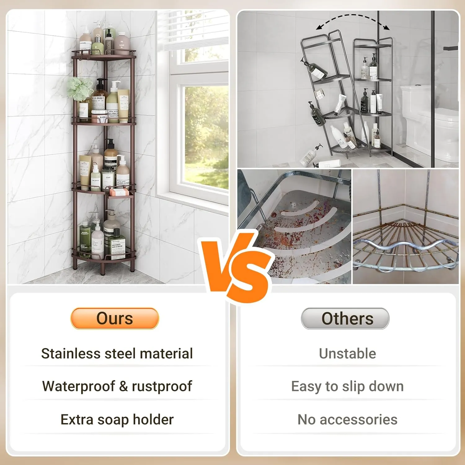 ELYKEN Corner Shower Caddy Standing, 4 Tier Rustproof Metal Shower Organizer with Soap Holder, Floor Shower Corner Shelf Rack Storage Stands with Adjustable Feet & 2 Hooks for Bathroom, Bronze