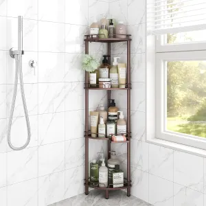 ELYKEN Corner Shower Caddy Standing, 4 Tier Rustproof Metal Shower Organizer with Soap Holder, Floor Shower Corner Shelf Rack Storage Stands with Adjustable Feet & 2 Hooks for Bathroom, Bronze