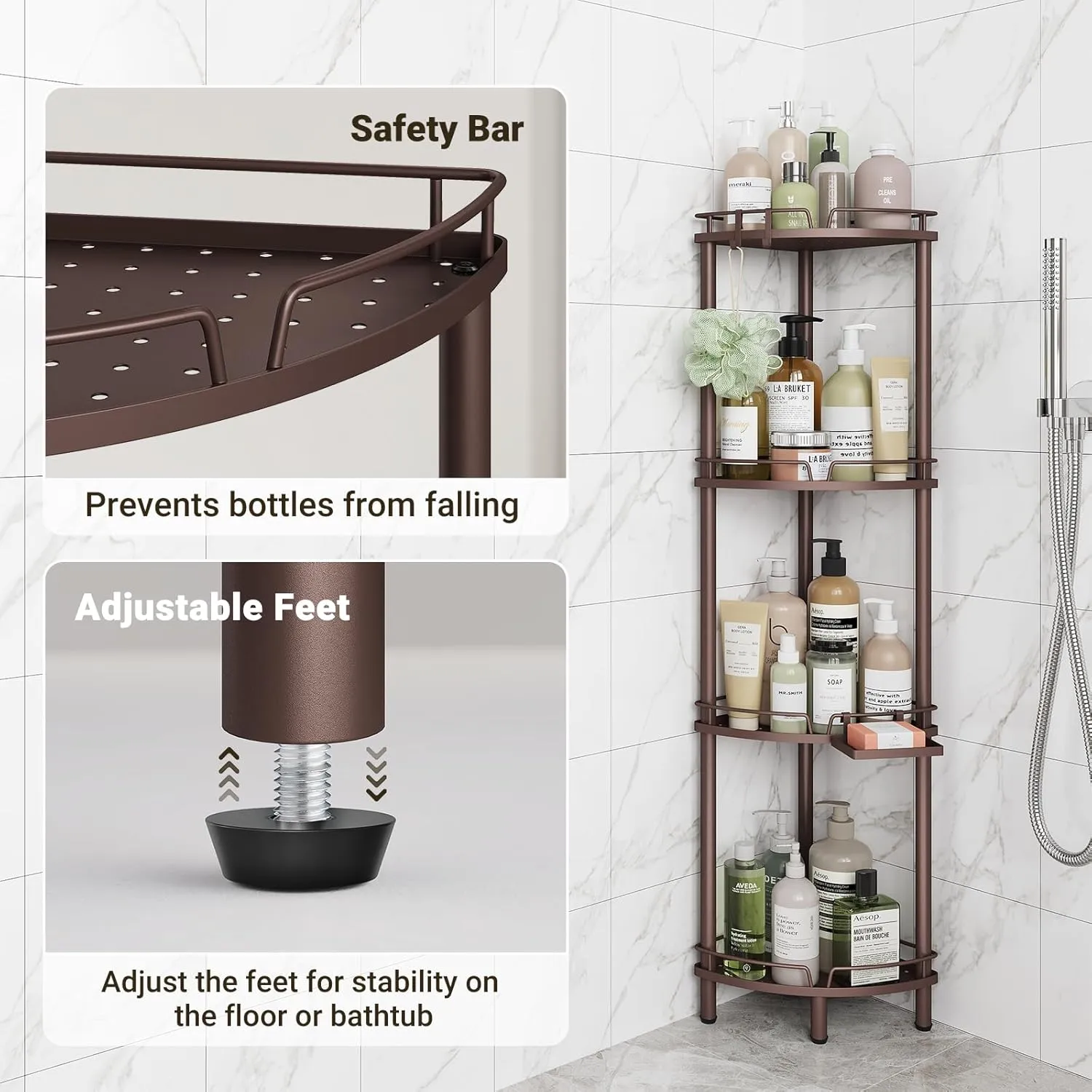 ELYKEN Corner Shower Caddy Standing, 4 Tier Rustproof Metal Shower Organizer with Soap Holder, Floor Shower Corner Shelf Rack Storage Stands with Adjustable Feet & 2 Hooks for Bathroom, Bronze