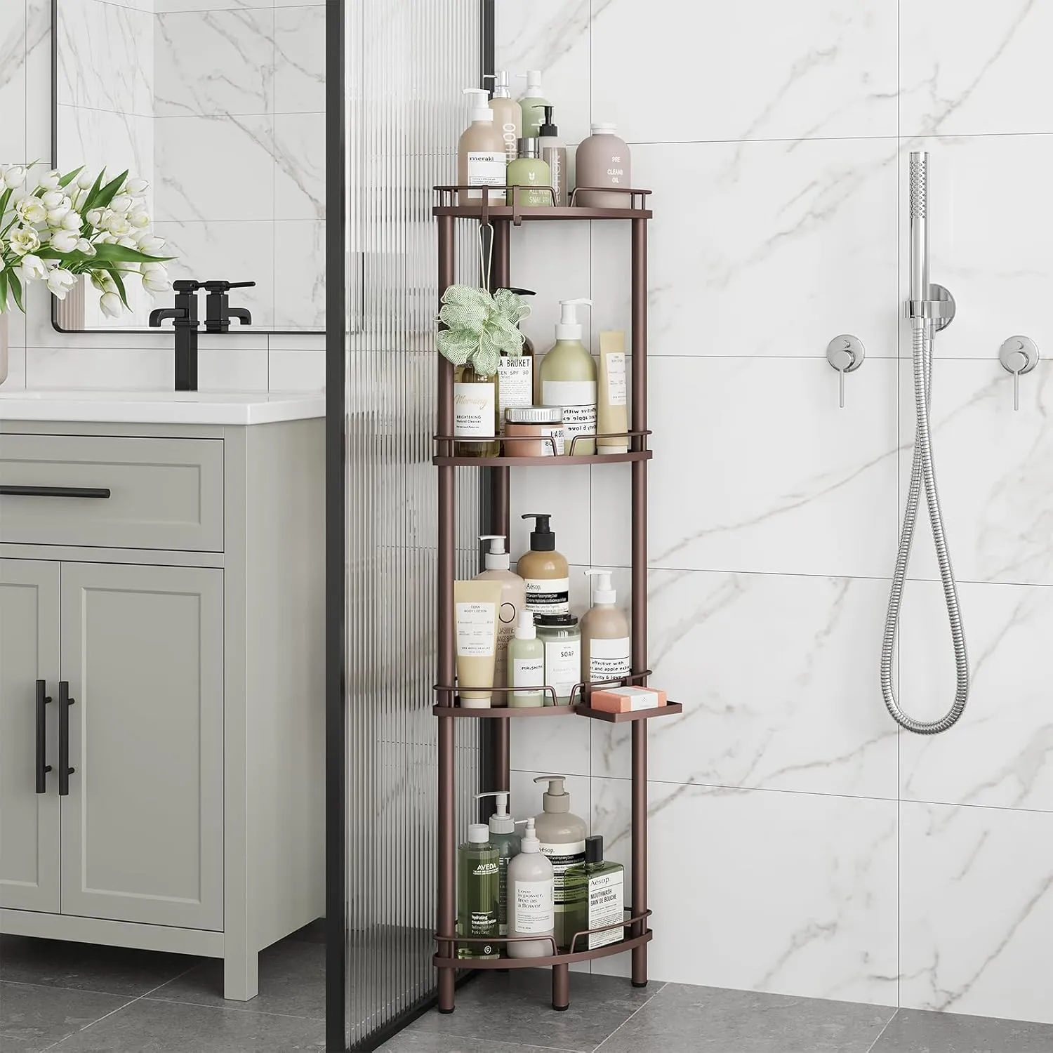 ELYKEN Corner Shower Caddy Standing, 4 Tier Rustproof Metal Shower Organizer with Soap Holder, Floor Shower Corner Shelf Rack Storage Stands with Adjustable Feet & 2 Hooks for Bathroom, Bronze