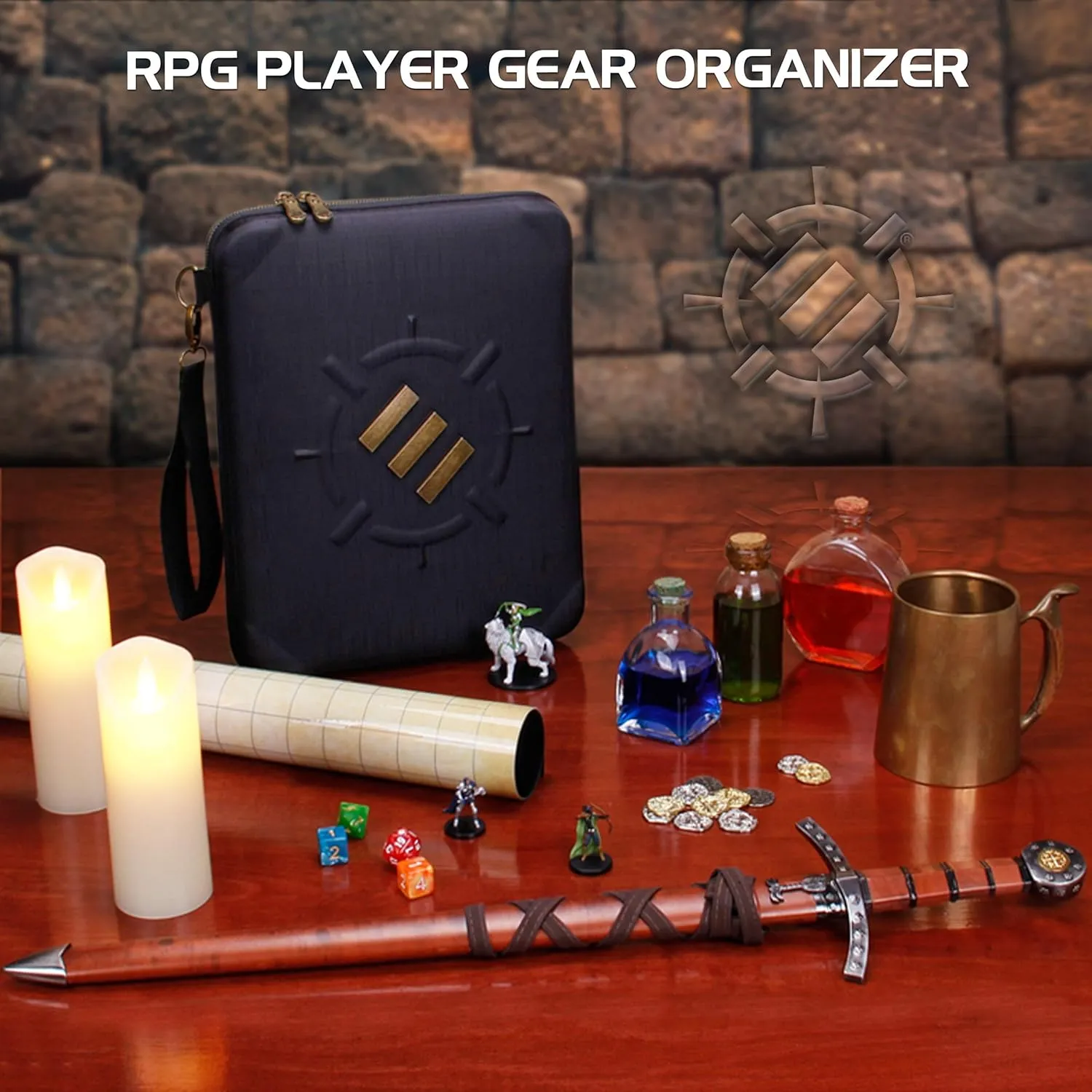 ENHANCE RPG Organizer Case - DnD Binder with Built-in Character Sheet Holder and Erasable Scribe Panel, Dice Rolling Area, Removable Pen Pouch, Miniature Foam Tray, Wrist Strap