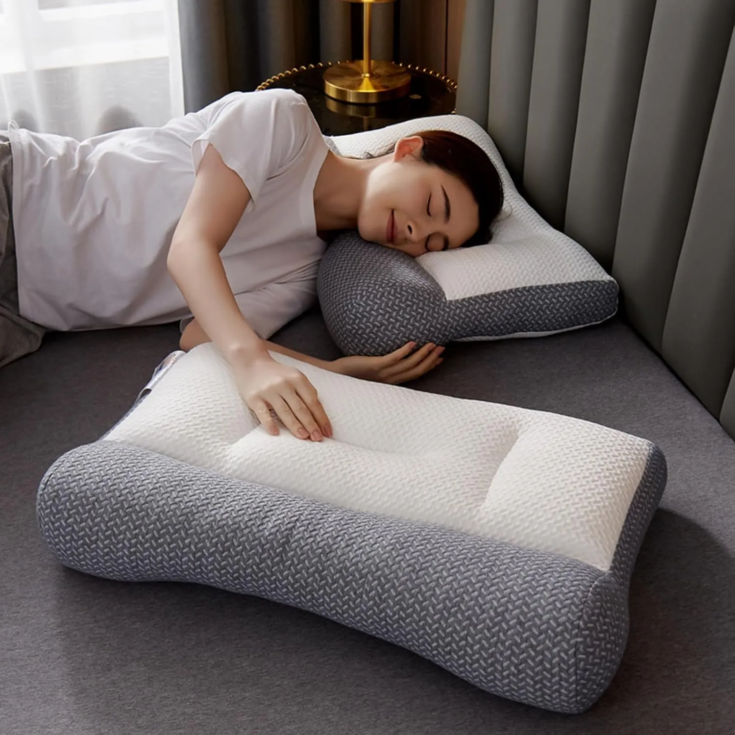 Ergonomic Contour Pillow for Neck & Shoulder Pain Relief, Orthopedic Deep Sleep & Ease Sleep Pillow, Cervical Neck Support Pillows Soft Patchwork (Dark Grey)