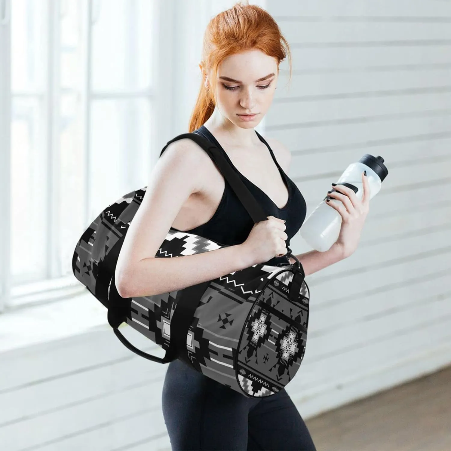 Ethnic Native Southwest American, Tribal Indian Aztec Textiles Duffel Bag, Foldable Canvas Travel Tote for Gym Sports with Inner Pockets, Durable Lightweight Fitness Bag for Overnight Workout