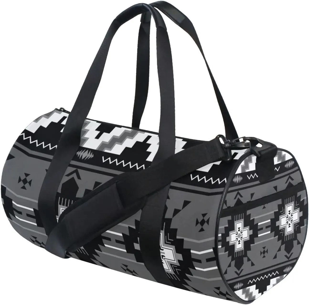 Ethnic Native Southwest American, Tribal Indian Aztec Textiles Duffel Bag, Foldable Canvas Travel Tote for Gym Sports with Inner Pockets, Durable Lightweight Fitness Bag for Overnight Workout
