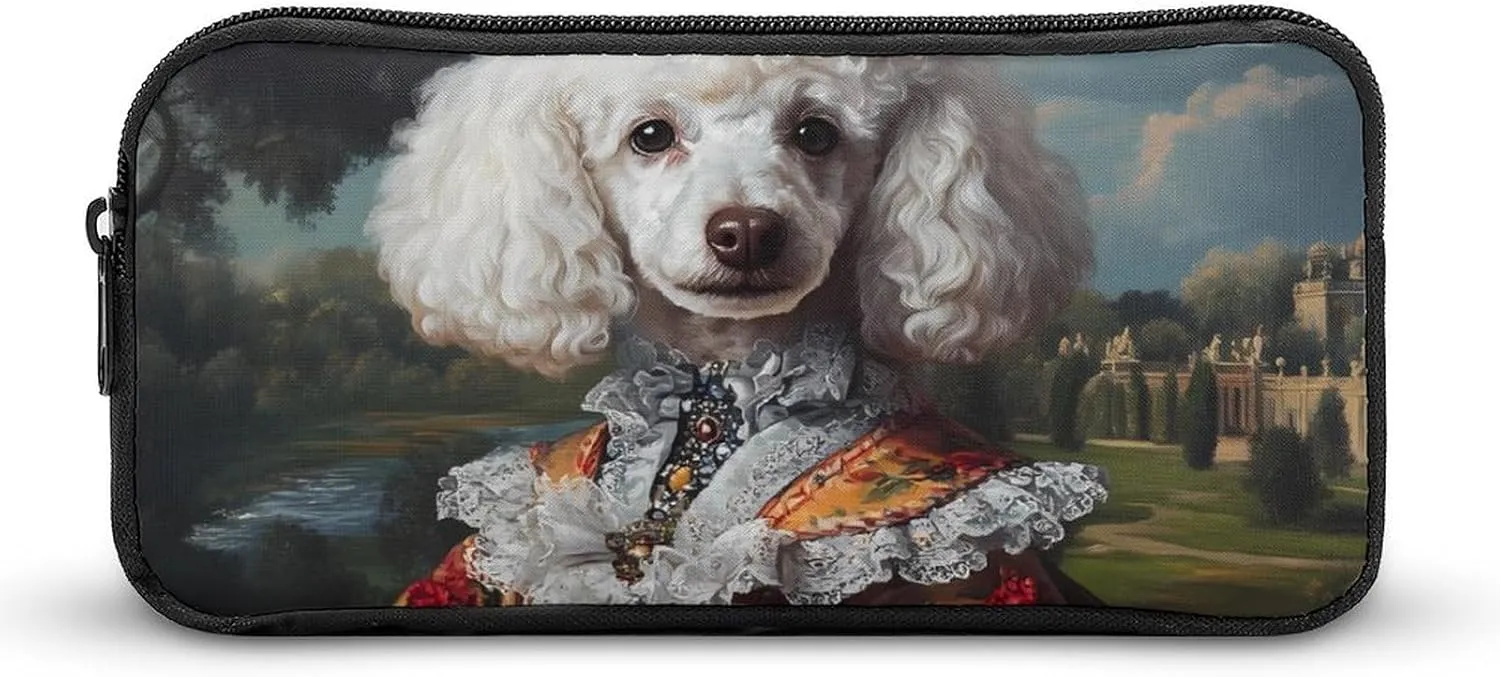 European Royal Court Poodle Dog Pen Pencil & Marker Cases Large Capacity Pen Pouch Stationery Organizer Makeup Bag with Zippered
