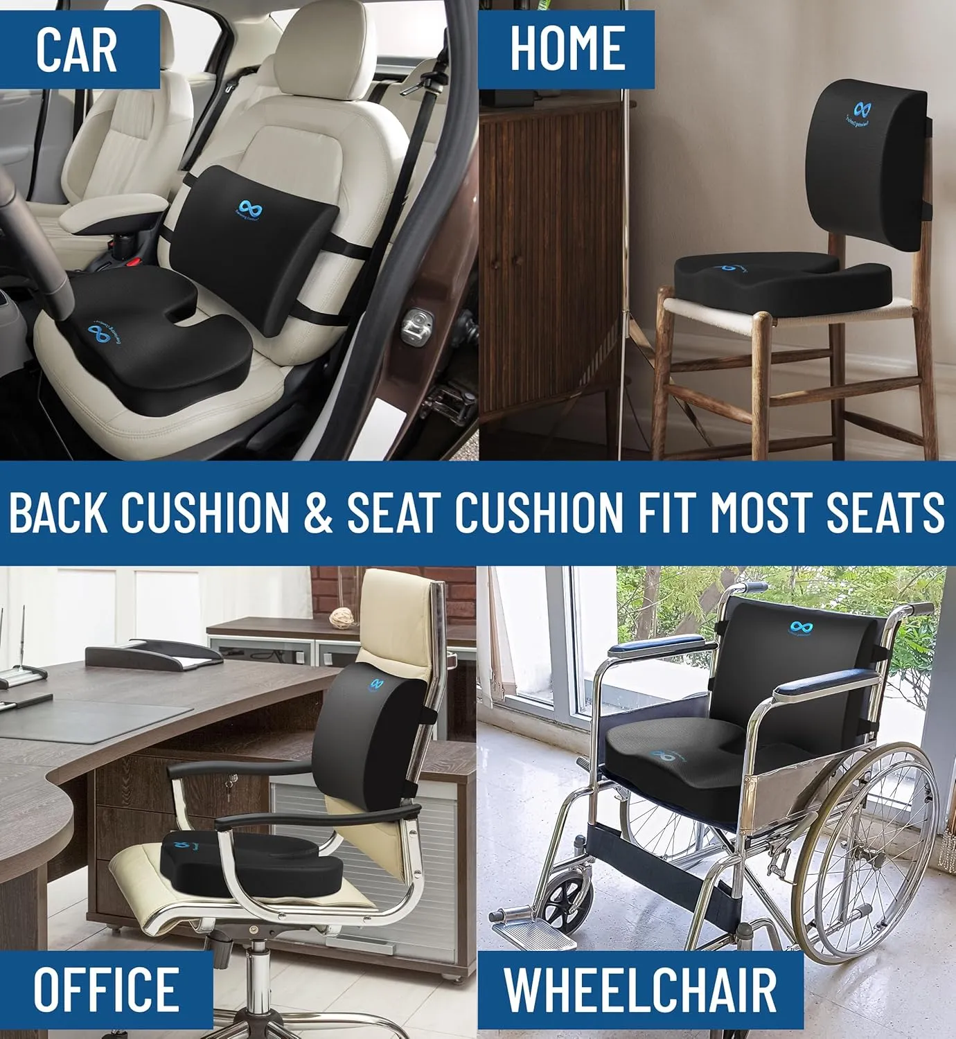 Everlasting Comfort Lumbar Support & Office Chair Cushion Combo - Gel Memory Foam Chair Cushions for Desk, Car Seat, Travel - Back and Coccyx Support