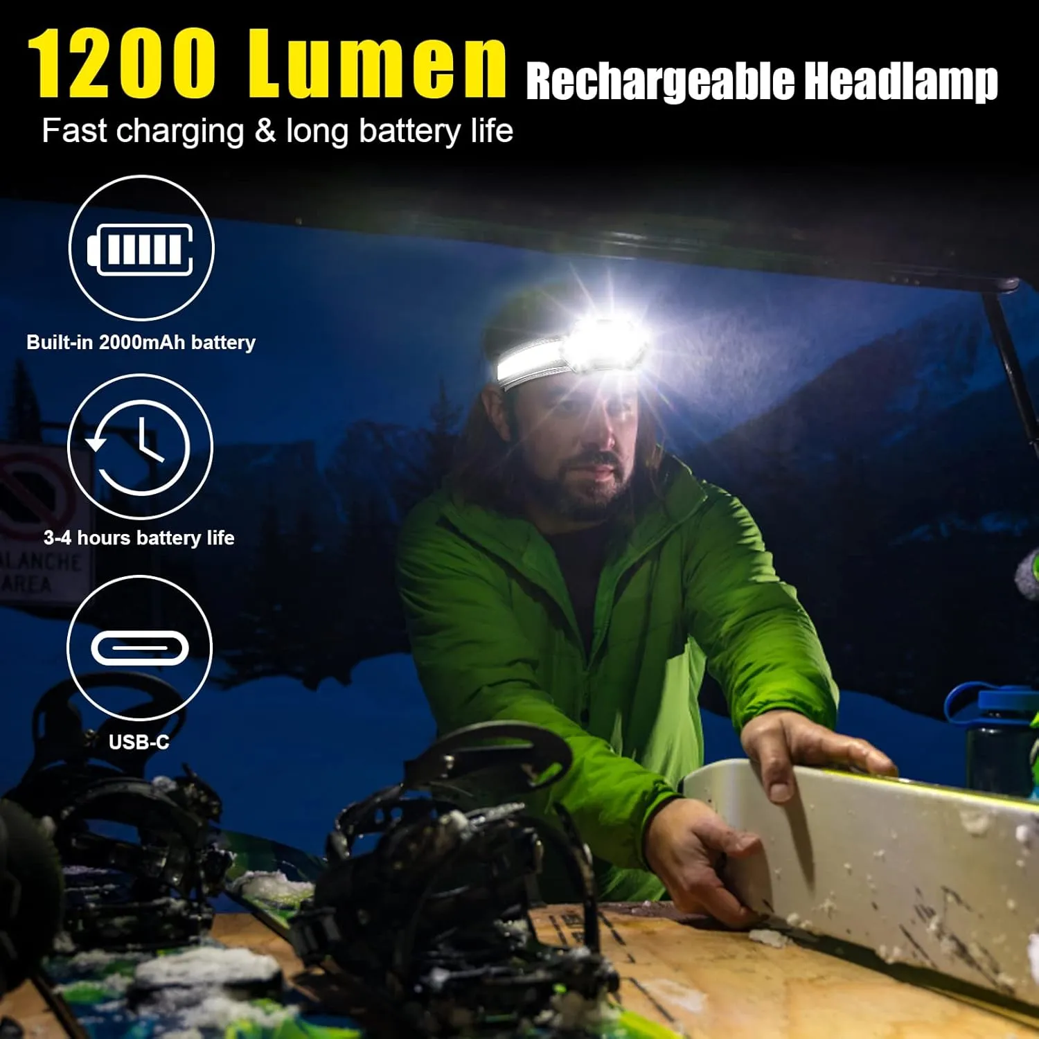 EXIN DECHEN LED Headlamp Rechargeable, 1200 Lumen Super Bright Headlamp Flashlight, 270° Wide Beam LED Headlamps with Red Taillight, 8 Mode Lightweight Waterproof Head Lamp