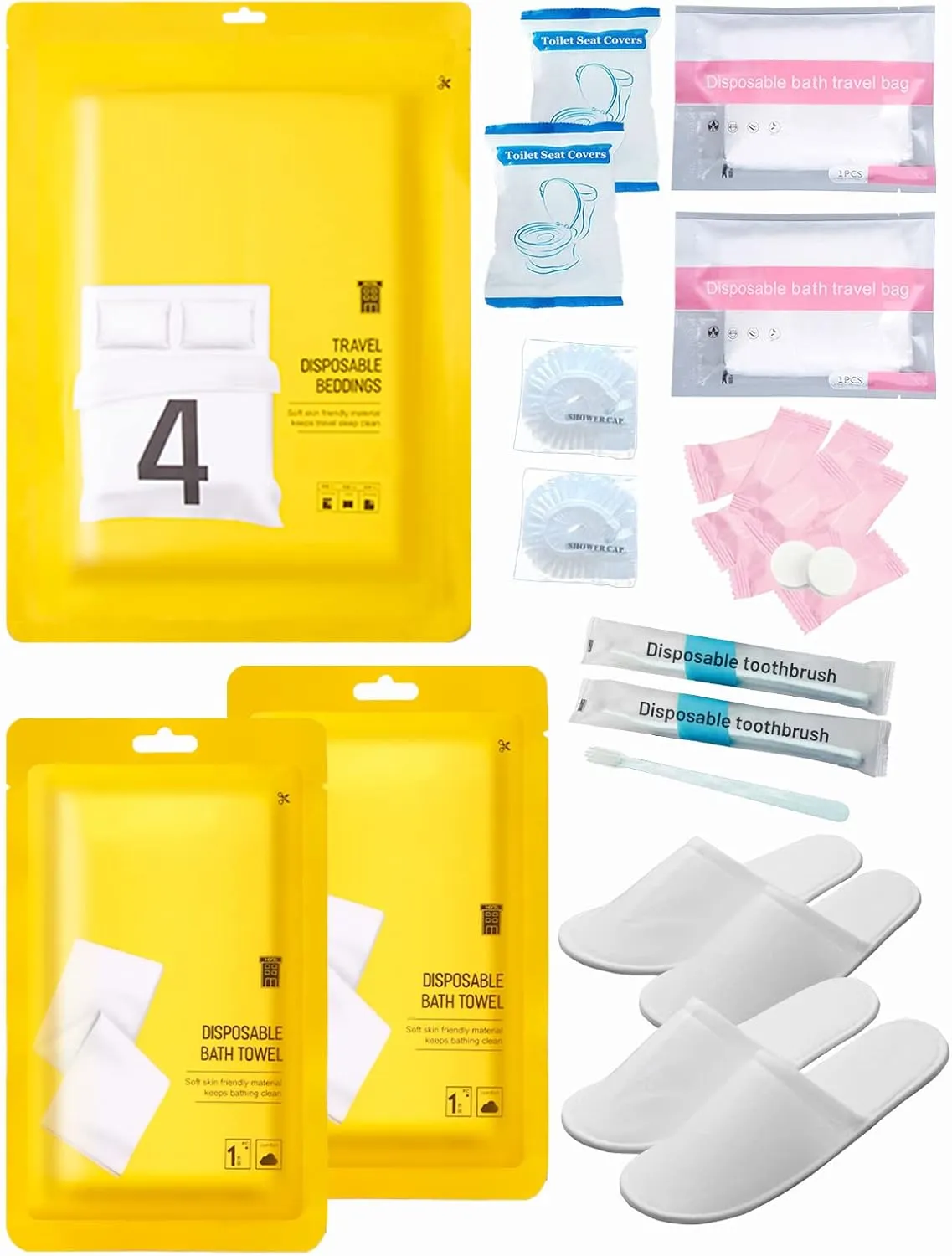 Extguds Disposable Travel Set: Bed Sheet×1 Duvet Cover×1 Pillow case×2 Bath Towels×2 Shower Caps×2 Plastic Bathtub Bag×2 Toilet Seat Covers×2 Compression face Towel×8 Toothbrushes×2 Slippers×2
