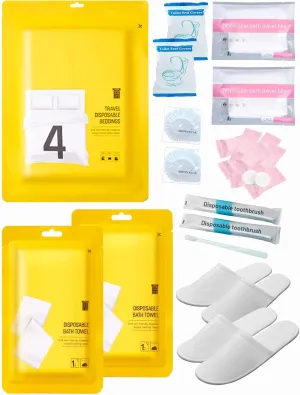 Extguds Disposable Travel Set: Bed Sheet×1 Duvet Cover×1 Pillow case×2 Bath Towels×2 Shower Caps×2 Plastic Bathtub Bag×2 Toilet Seat Covers×2 Compression face Towel×8 Toothbrushes×2 Slippers×2