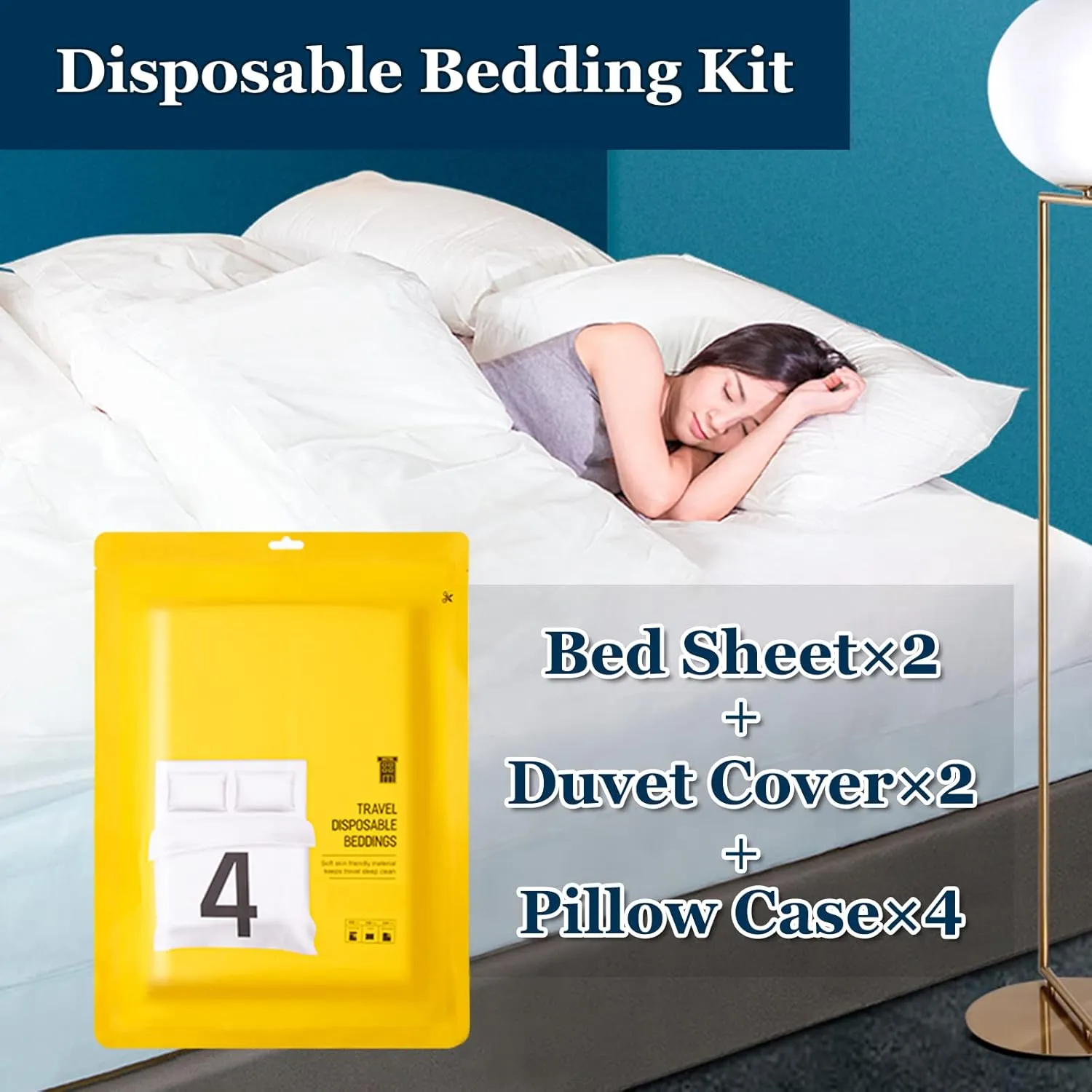 Extguds Disposable Travel Set : Bed Sheet×2 Duvet Cover×2 Pillow case×4 Bath Towels×4 Shower Caps×4 Plastic Bathtub Bag×4 Toilet Seat Covers×4 Compression face Towel×16 Toothbrushes×4 Slippers×4