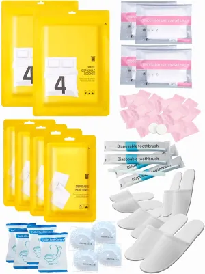 Extguds Disposable Travel Set : Bed Sheet×2 Duvet Cover×2 Pillow case×4 Bath Towels×4 Shower Caps×4 Plastic Bathtub Bag×4 Toilet Seat Covers×4 Compression face Towel×16 Toothbrushes×4 Slippers×4
