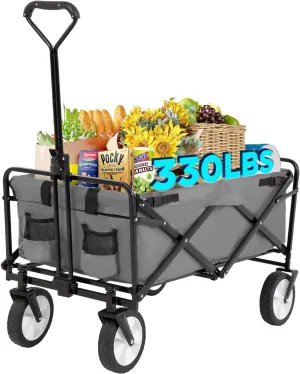 FDW 39''L Collapsible Wagon Cart, Heavy Duty Utility Folding Wagon for Outdoor Sports, 330 LBS Weight Capacity, Camping, Garden, and Shopping, Grey