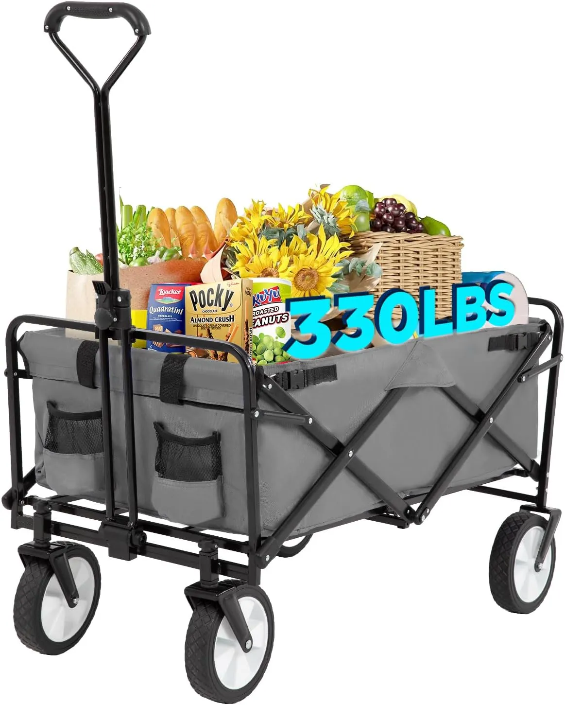 FDW 39''L Collapsible Wagon Cart, Heavy Duty Utility Folding Wagon for Outdoor Sports, 330 LBS Weight Capacity, Camping, Garden, and Shopping, Grey