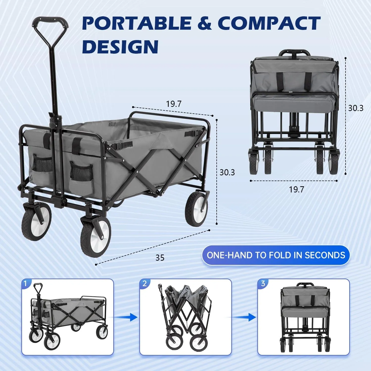 FDW 39''L Collapsible Wagon Cart, Heavy Duty Utility Folding Wagon for Outdoor Sports, 330 LBS Weight Capacity, Camping, Garden, and Shopping, Grey