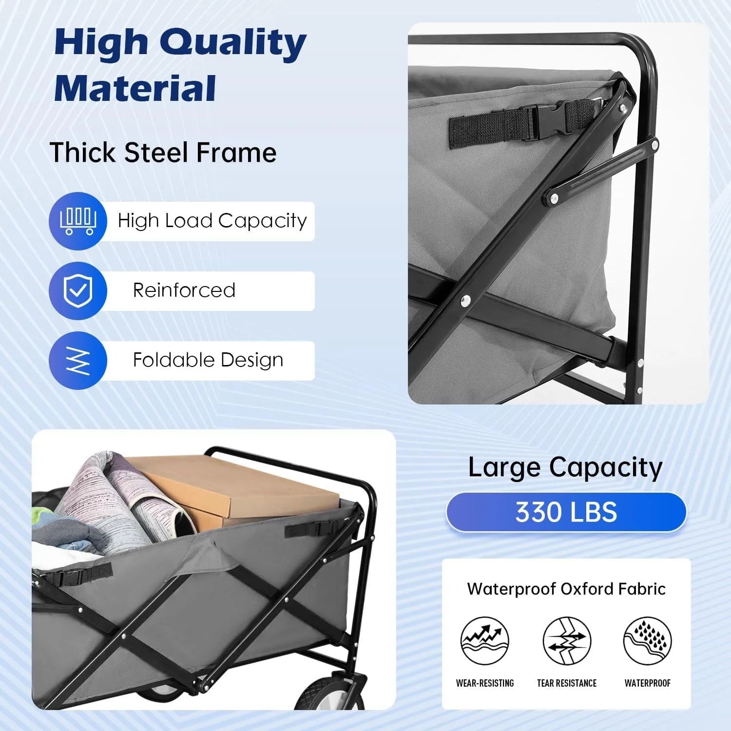 FDW 39''L Collapsible Wagon Cart, Heavy Duty Utility Folding Wagon for Outdoor Sports, 330 LBS Weight Capacity, Camping, Garden, and Shopping, Grey