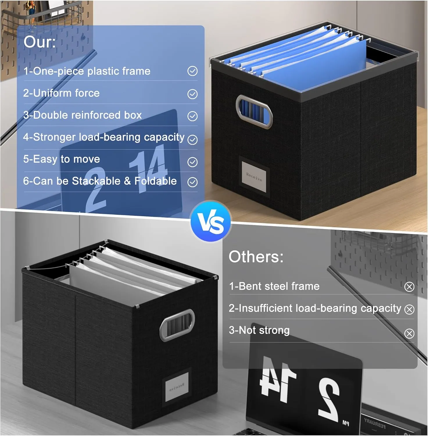 File Organizer Box File Boxes for Hanging Files with Lid Set of 3 Decorative Hanging Folders Letter Size Organizer with One-Piece Plastic Frame Slides (13.2 * 10.1 * 10.1in(3Pack), Black)