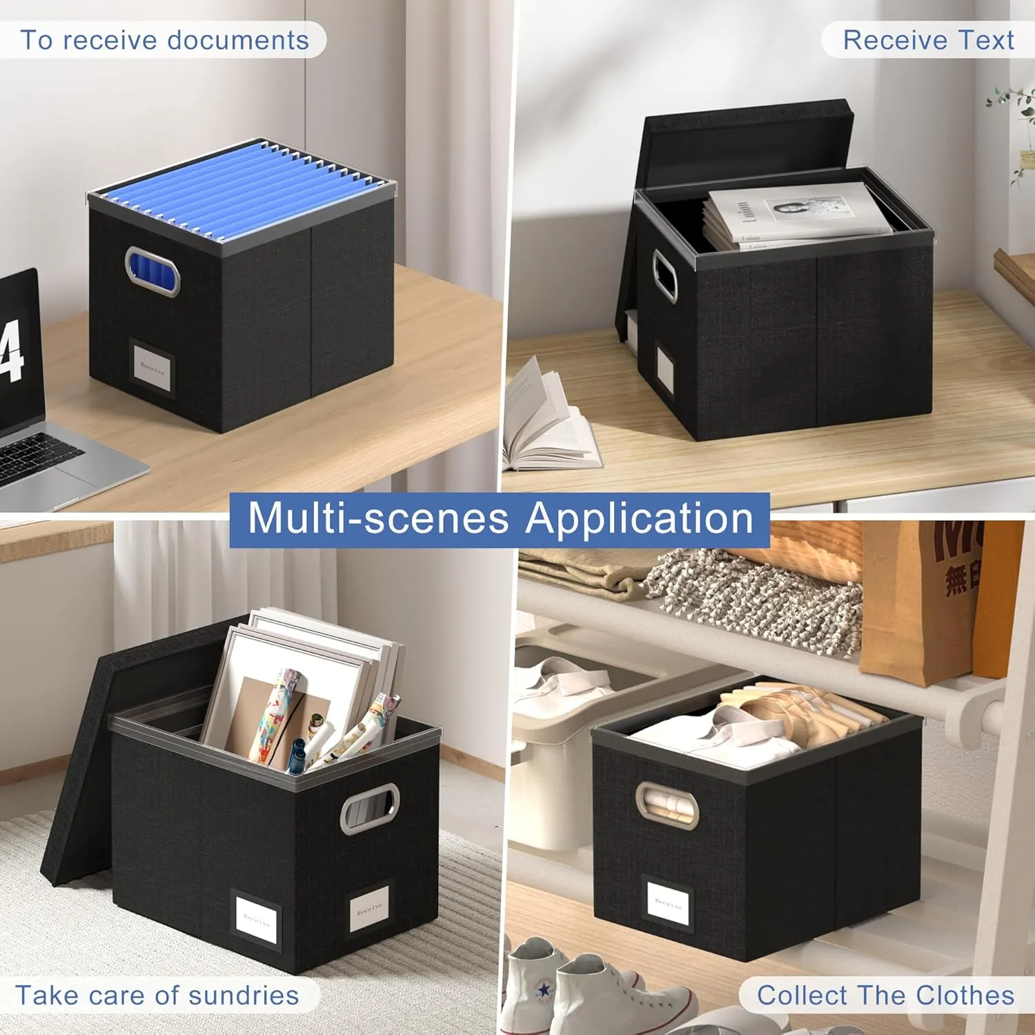 File Organizer Box File Boxes for Hanging Files with Lid Set of 3 Decorative Hanging Folders Letter Size Organizer with One-Piece Plastic Frame Slides (13.2 * 10.1 * 10.1in(3Pack), Black)