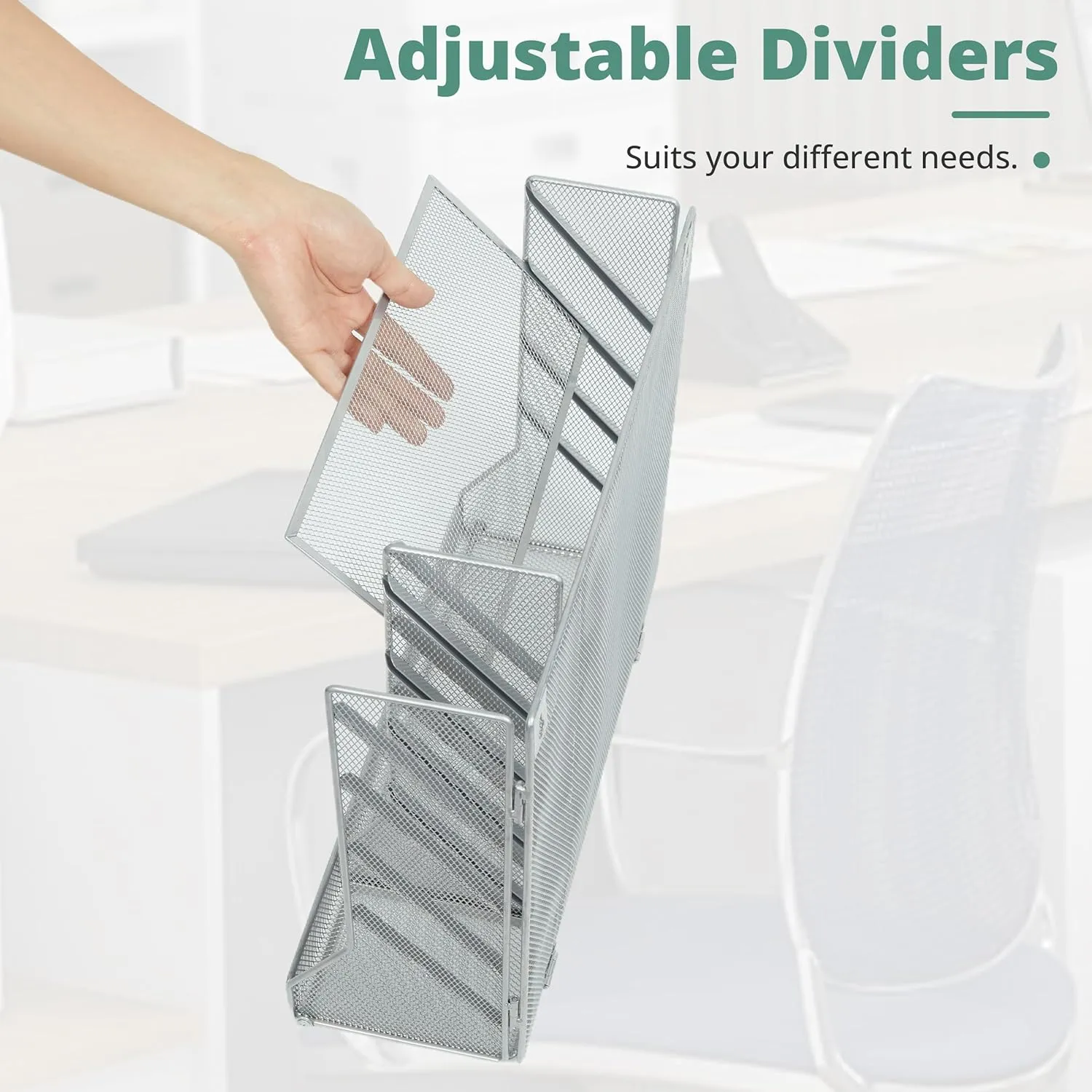 File Organizer Wall Mounted 4 Tiers Durable Adjustable Metal Vertical Hanging with 4 Pen Slots Stable R-Shaped Bottom 4 Pull-Out Devider to Sort File, Mail, Newspaper,Pen, Suitable for Office, Silver