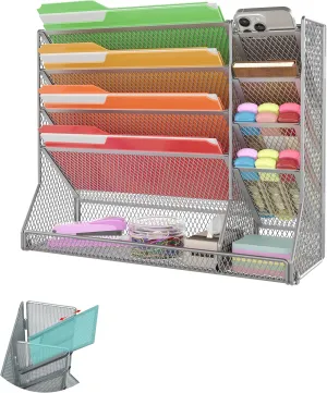 File Organizer Wall Mounted 4 Tiers Durable Adjustable Metal Vertical Hanging with 4 Pen Slots Stable R-Shaped Bottom 4 Pull-Out Devider to Sort File, Mail, Newspaper,Pen, Suitable for Office, Silver