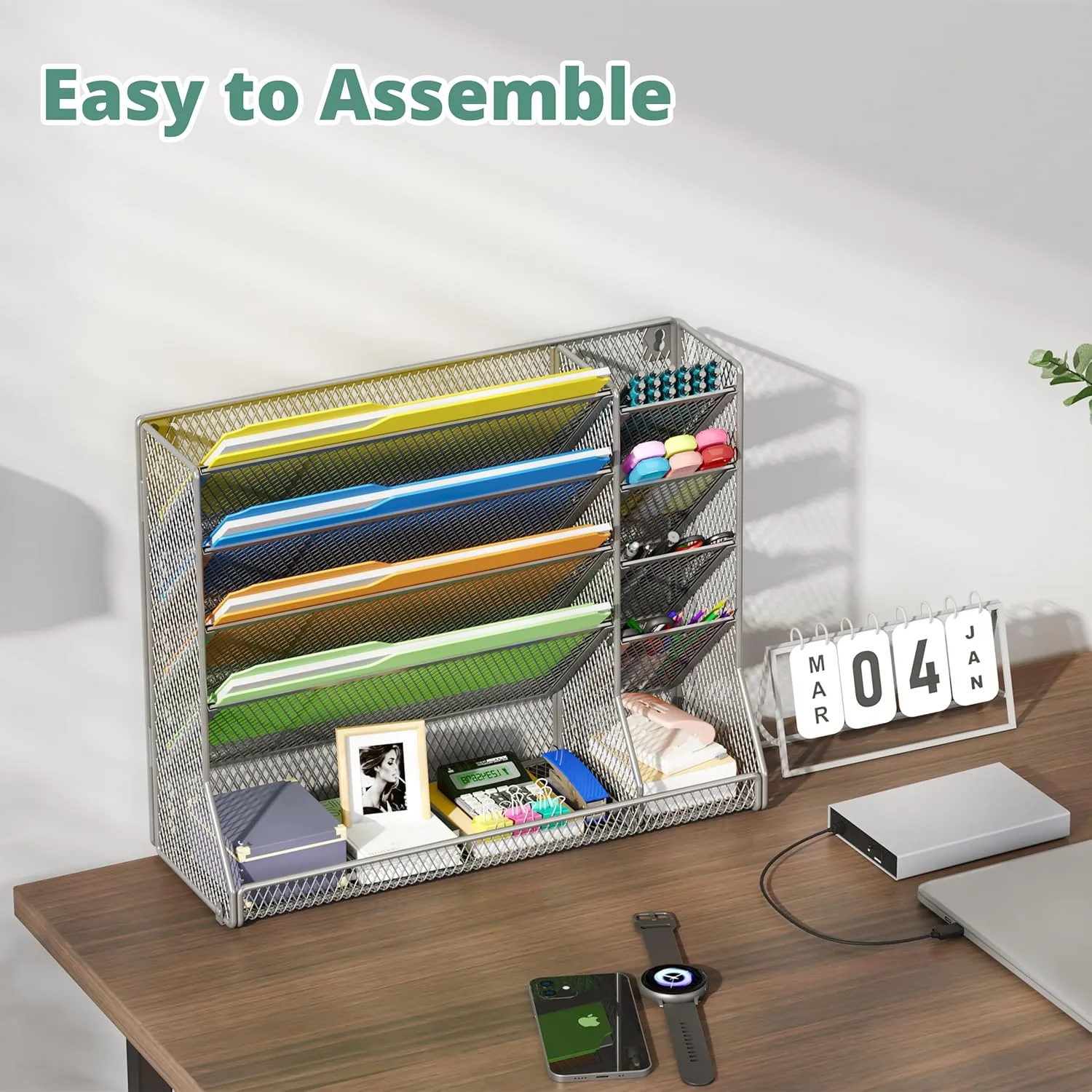 File Organizer Wall Mounted 4 Tiers Durable Adjustable Metal Vertical Hanging with 4 Pen Slots Stable R-Shaped Bottom 4 Pull-Out Devider to Sort File, Mail, Newspaper,Pen, Suitable for Office, Silver