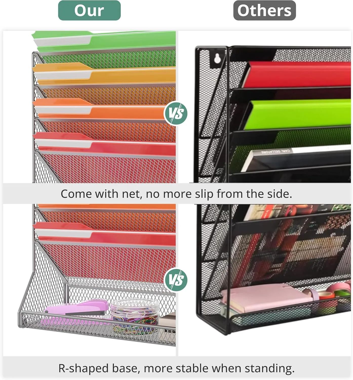File Organizer Wall Mounted 4 Tiers Durable Adjustable Metal Vertical Hanging with 4 Pen Slots Stable R-Shaped Bottom 4 Pull-Out Devider to Sort File, Mail, Newspaper,Pen, Suitable for Office, Silver