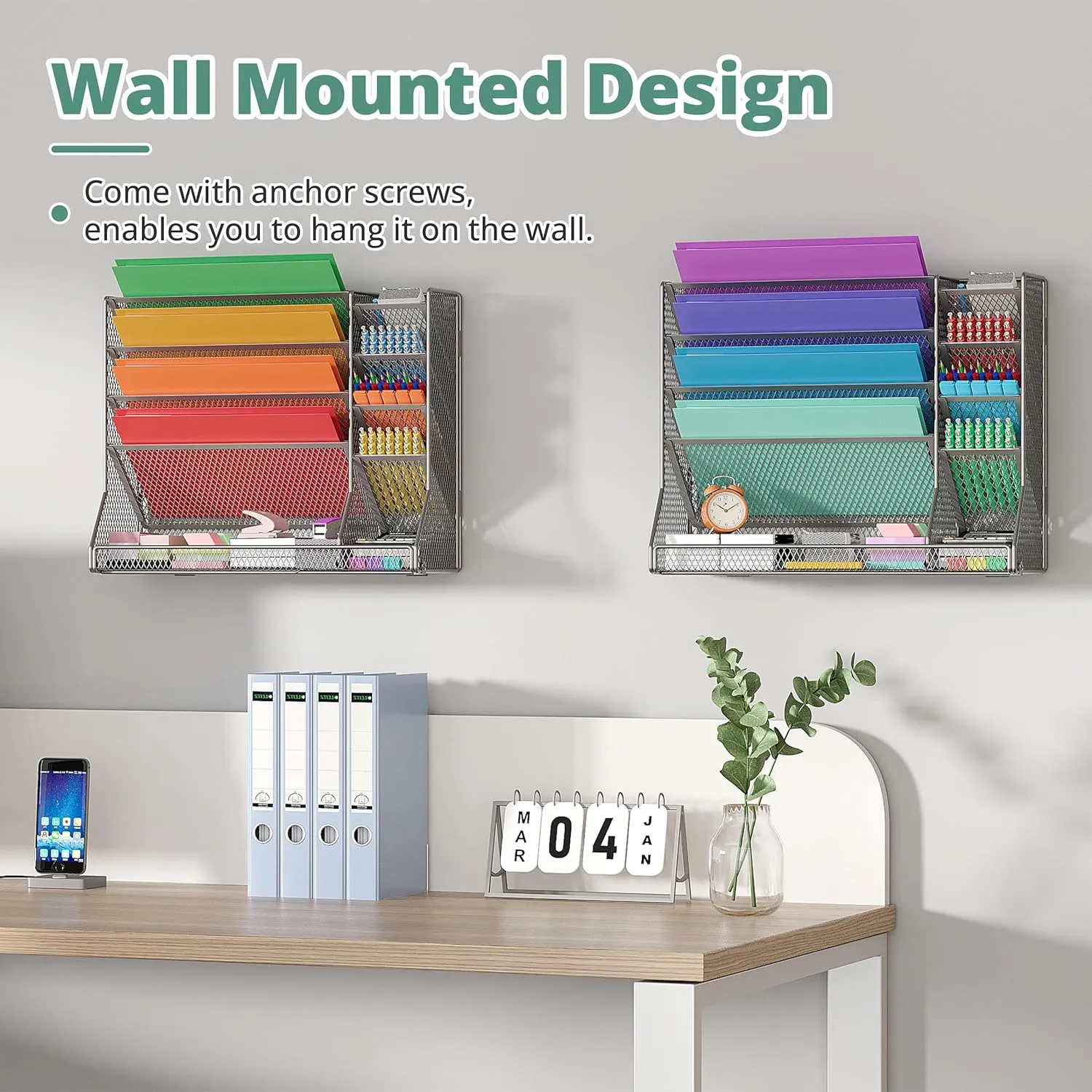 File Organizer Wall Mounted 4 Tiers Durable Adjustable Metal Vertical Hanging with 4 Pen Slots Stable R-Shaped Bottom 4 Pull-Out Devider to Sort File, Mail, Newspaper,Pen, Suitable for Office, Silver