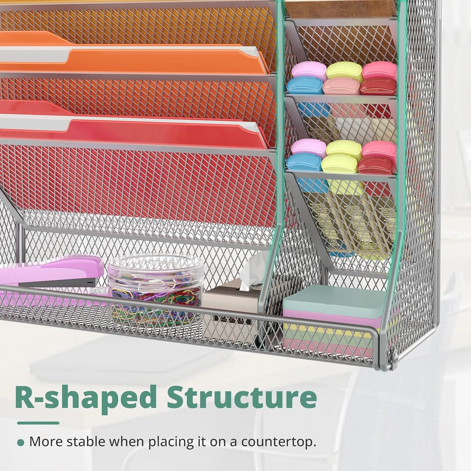 File Organizer Wall Mounted 4 Tiers Durable Adjustable Metal Vertical Hanging with 4 Pen Slots Stable R-Shaped Bottom 4 Pull-Out Devider to Sort File, Mail, Newspaper,Pen, Suitable for Office, Silver